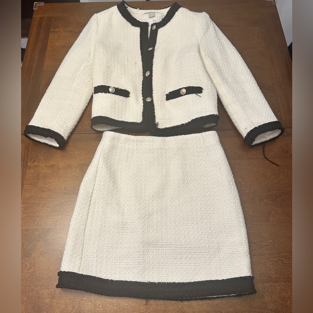 Zara Off White Cream Ivory and Black Women's Tweed Skirt and Blazer Jacket Set